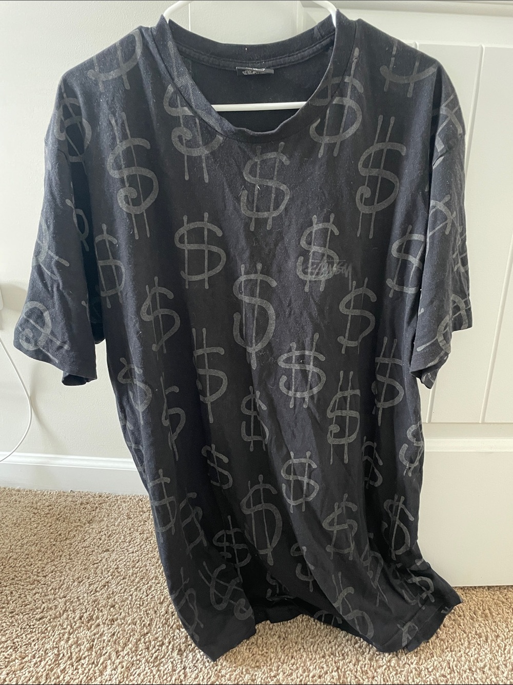 Stussy Black Short Sleeve Tee with Gray Dollar Sign Print